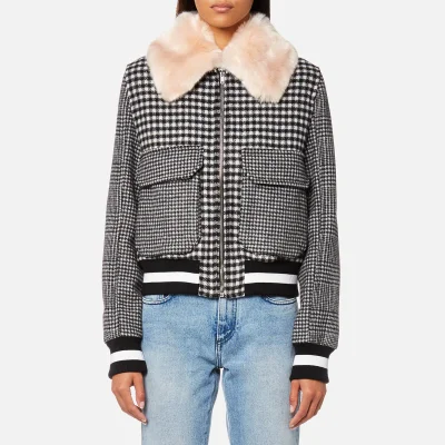 MSGM Women's Check Bomber Jacket with Fur Collar - Black