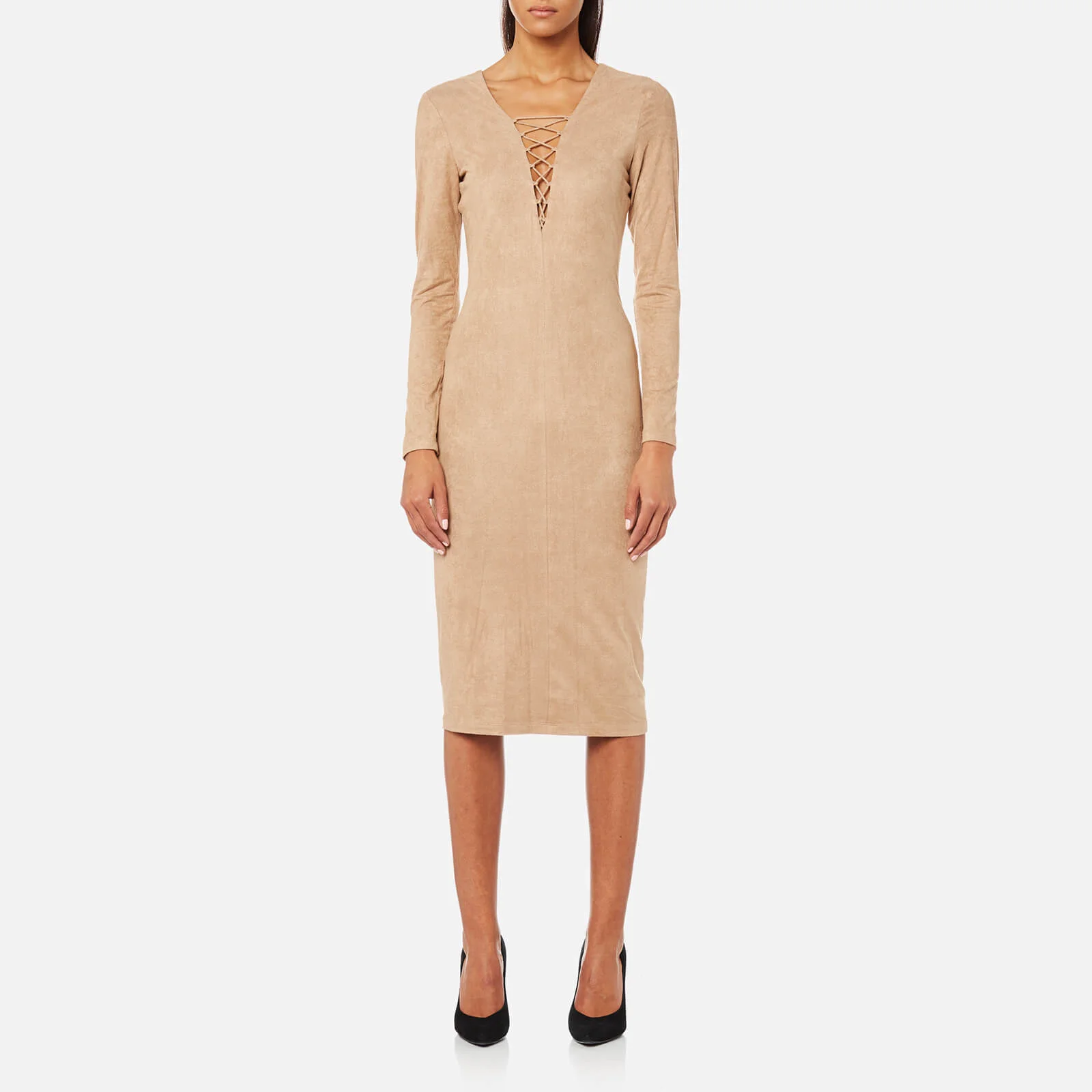 T by Alexander Wang Women's Stretch Faux Suede Lace Up Midi Dress - Camel Image 1