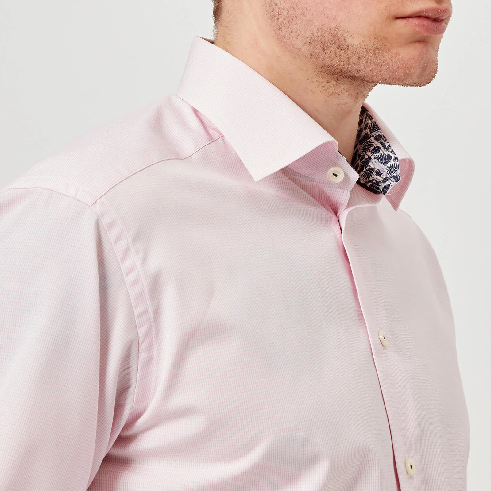 Eton Men's Slim Fit Micro Check with Palm Print Trim Shirt - Pink/Red Image 1