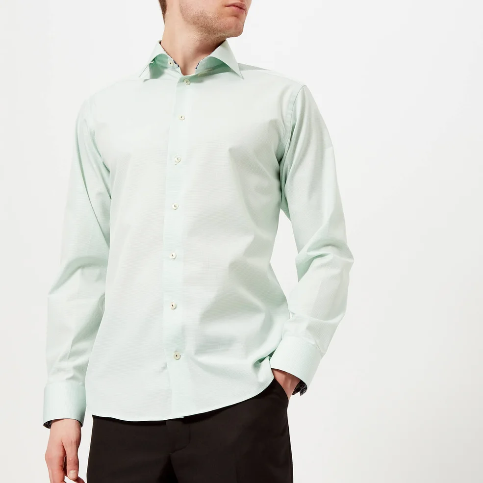 Eton Men's Slim Fit Micro Check with Palm Print Trim Shirt - Green Image 1