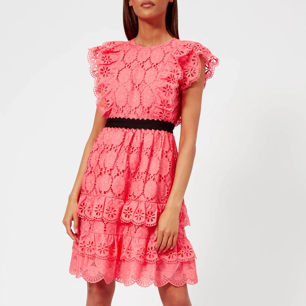 Perseverance London Women's Clover Embellished Anglaise Ruffled Mini Dress - Coral Pink Image 1