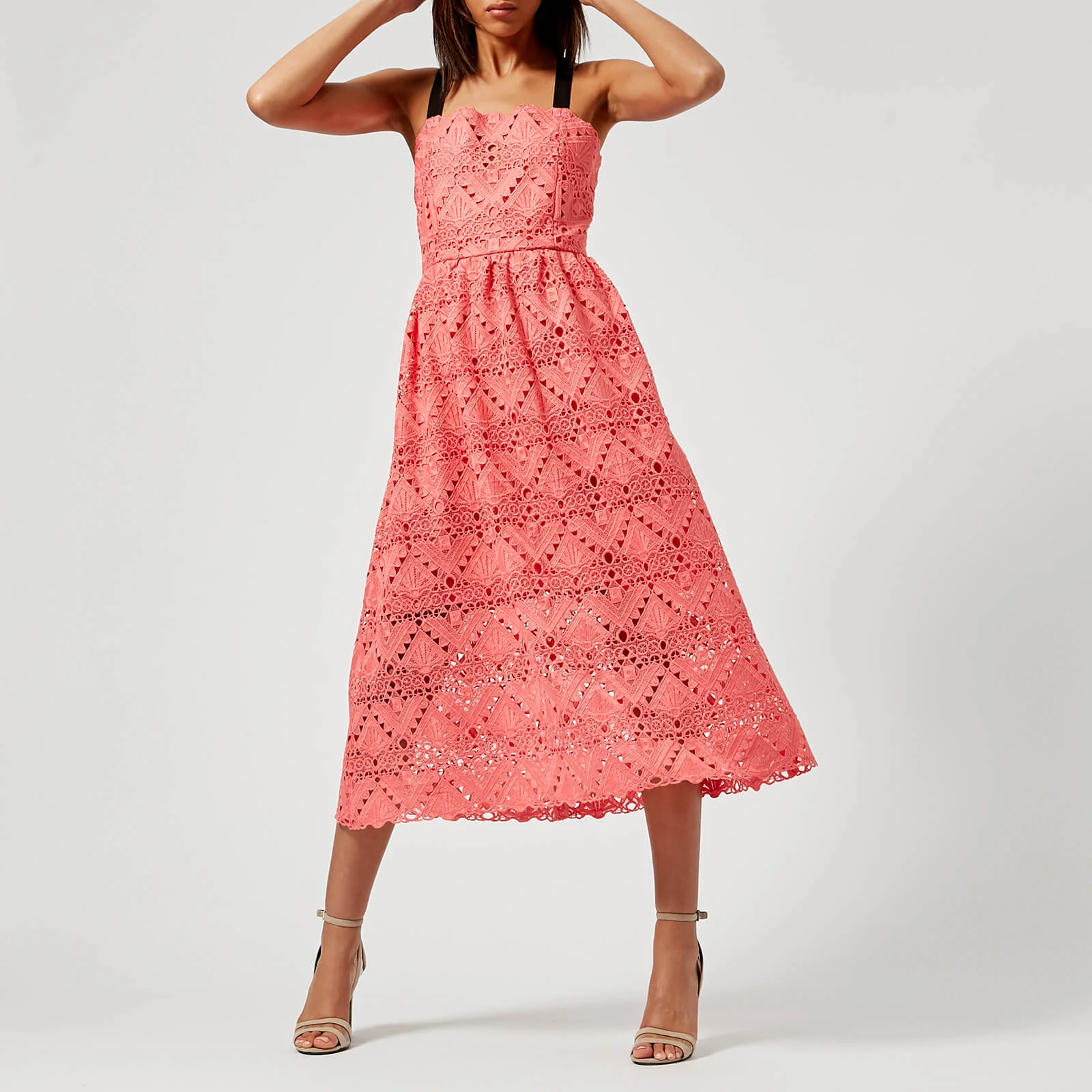 Perseverance London Women's Aztek Guipure Lace Strappy Midi Dress - Coral Pink Image 1