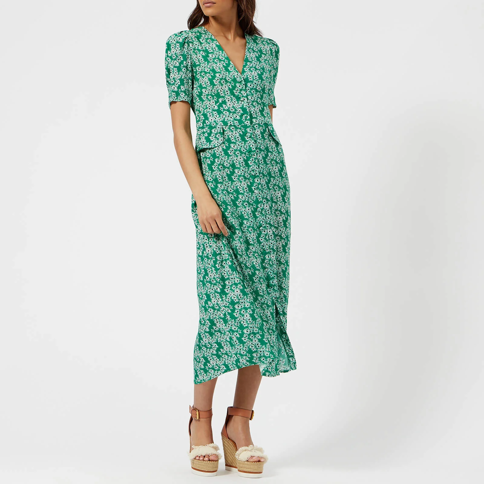 RIXO Women's Jackson Midi Dress with Pocket Detail and Buttons - Daisy Dream/Green Image 1