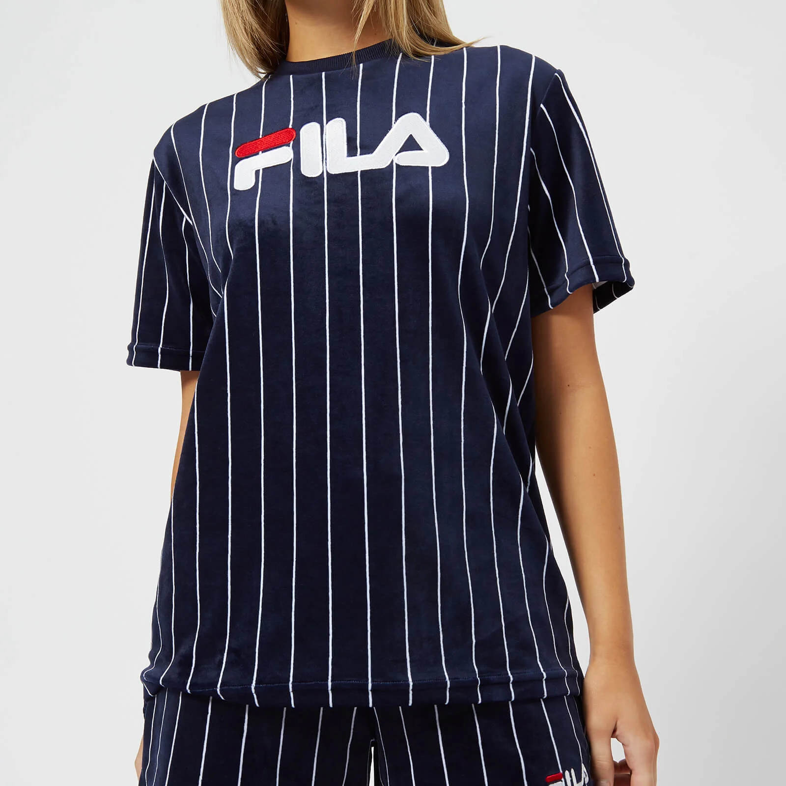 FILA Women's Stretch Velour Pinstripe T-Shirt - Navy/White Image 1