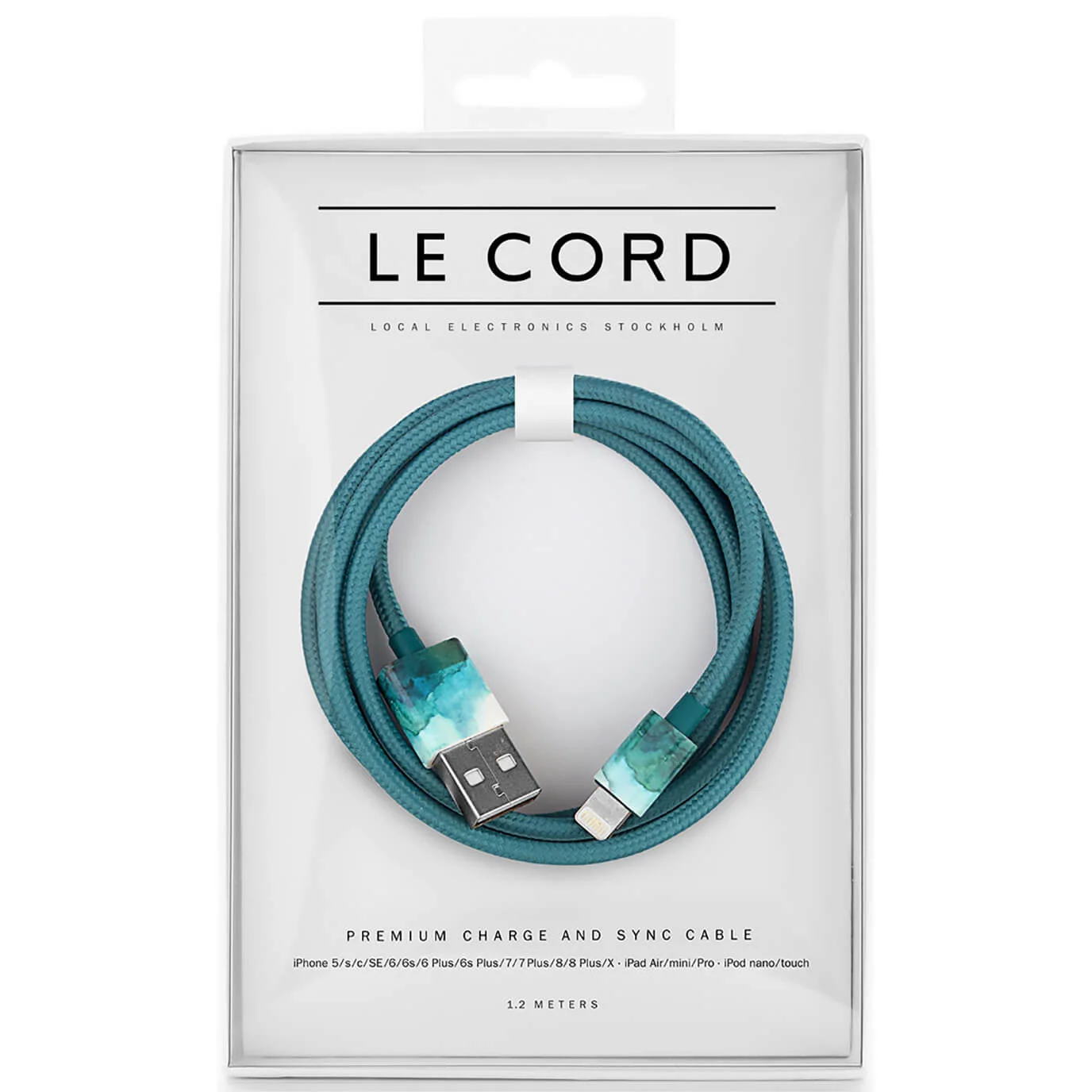 Le Cord Braided Marble Effect Charging Cable - Aquarelle Aqua - 1.2m Image 1