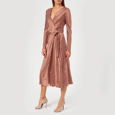 Diane von Furstenberg Women's Long Sleeve Midi Woven Wrap Dress - Baker Dot Small Sienna
