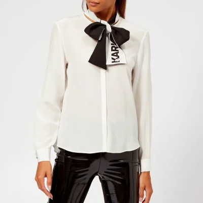 Karl Lagerfeld Women's Logo Bow Silk Blouse - White