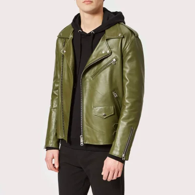 Avant L'Oeil Men's Byrant Classic Leather Biker Jacket - Green