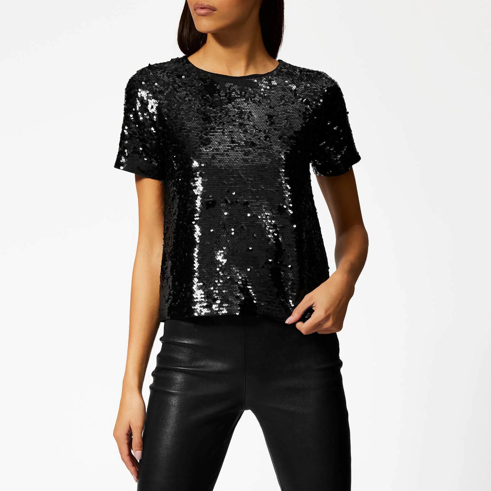 MICHAEL MICHAEL KORS Women's Crew Sequin Crop T-Shirt - Black Image 1