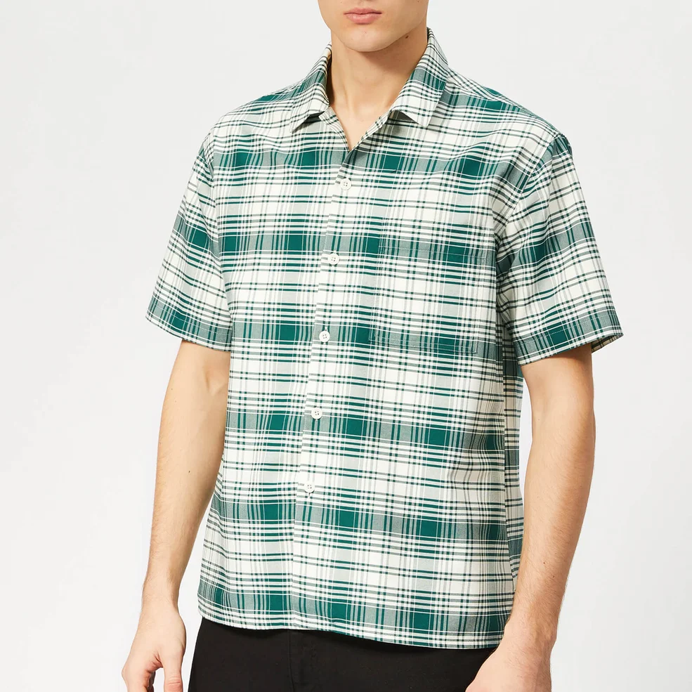 AMI Men's Camp Collar Pocket Check Shirt - Green/Off White Image 1