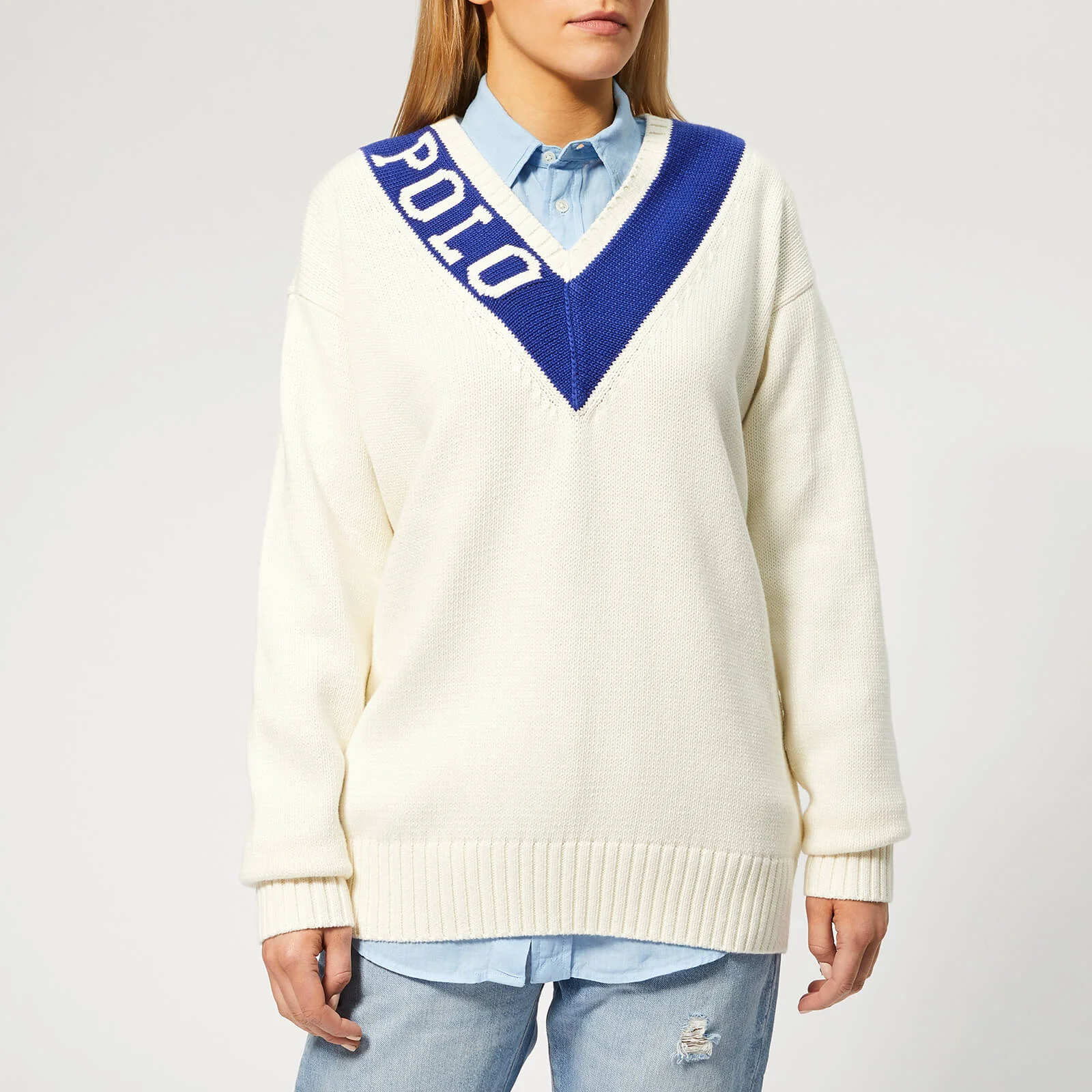 Polo Ralph Lauren Women's Long Sleeve V Neck Sweater - Light Cream/Royal Image 1