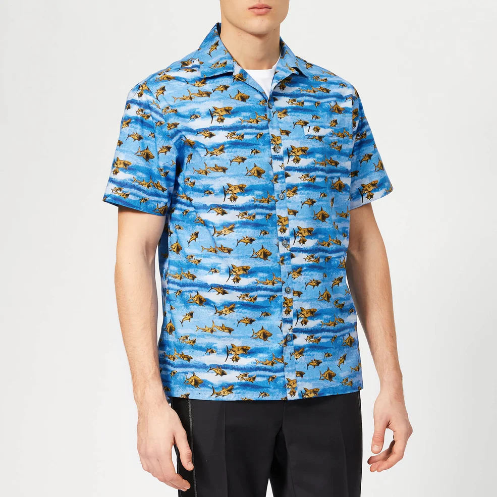 Lanvin Men's Shark Print Open Collar Bowling Shirt - Blue Image 1