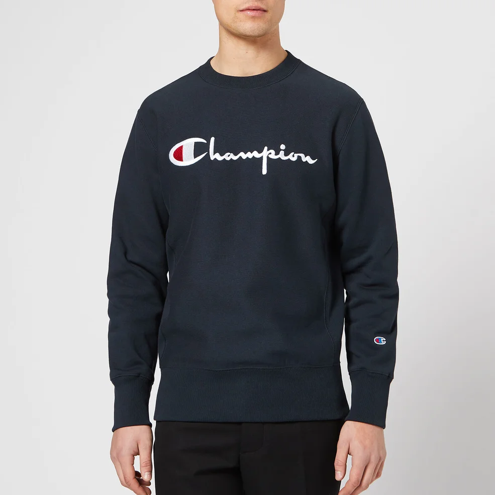 Champion Men's Crew Neck Script Sweatshirt - Navy Image 1