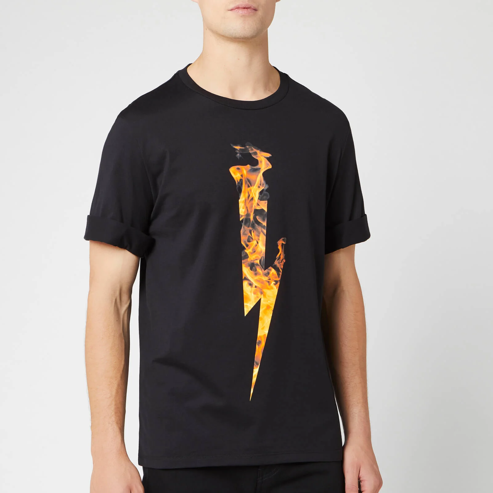 Neil Barrett Men's Flame Thunderbolt T-Shirt - Black/Orange Image 1