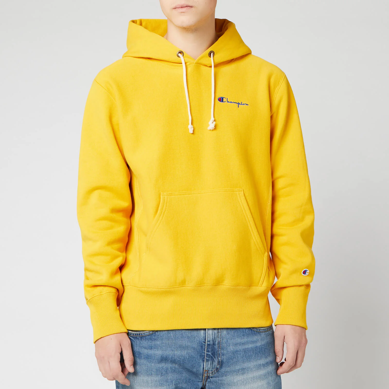 Champion Men's Small Script Hooded Sweatshirt - Yellow Image 1