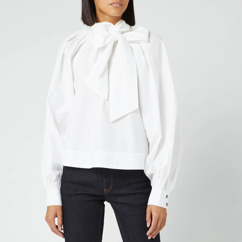 Ganni Women's Cotton Poplin Bow Shirt - Bright White Image 1