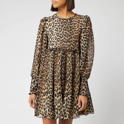 Ganni Women's Pleated Georgette Mini Dress - Leopard
