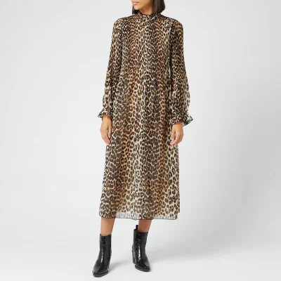 Ganni Women's Pleated Georgette Dress - Leopard