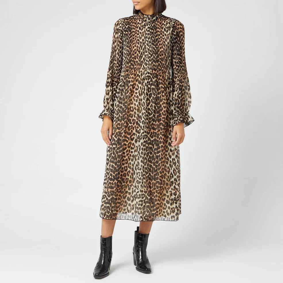 Ganni Women's Pleated Georgette Dress - Leopard Image 1