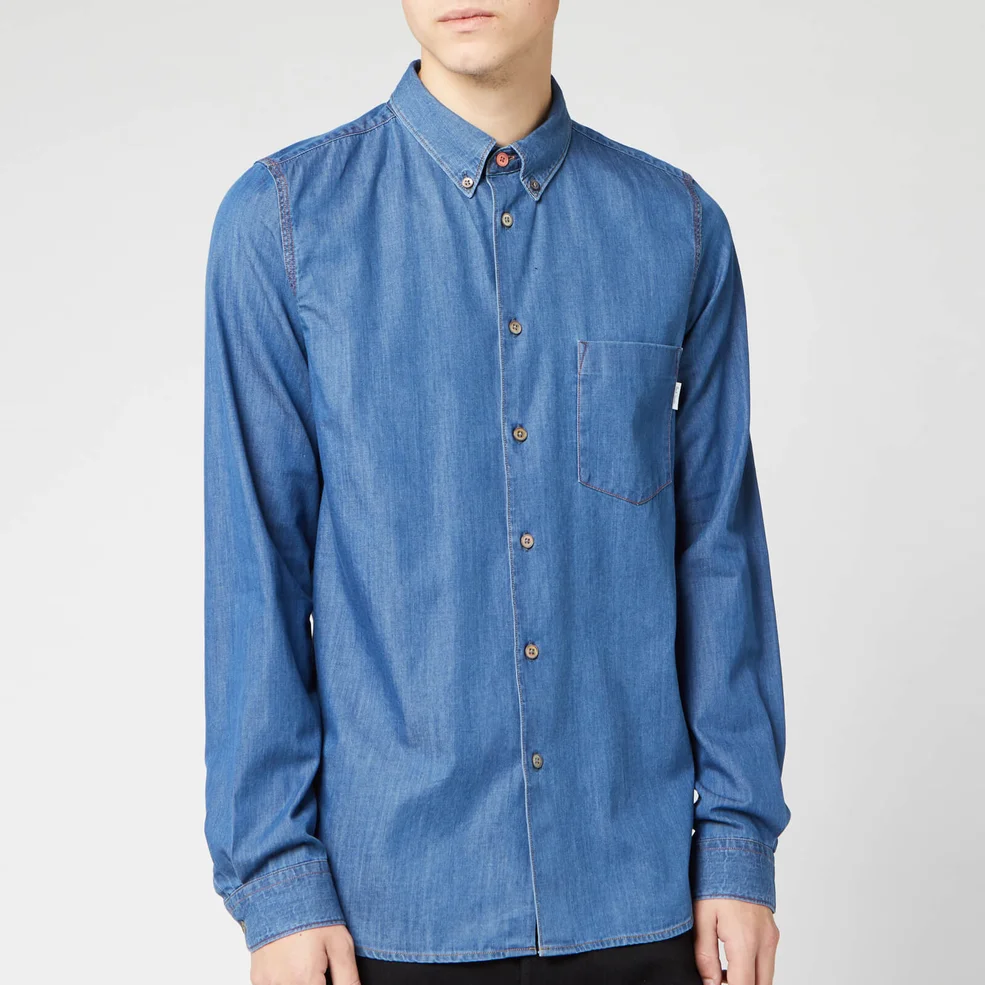 PS Paul Smith Men's Sports Stripe Embroidery Detail Chambray Shirt - Blue Image 1