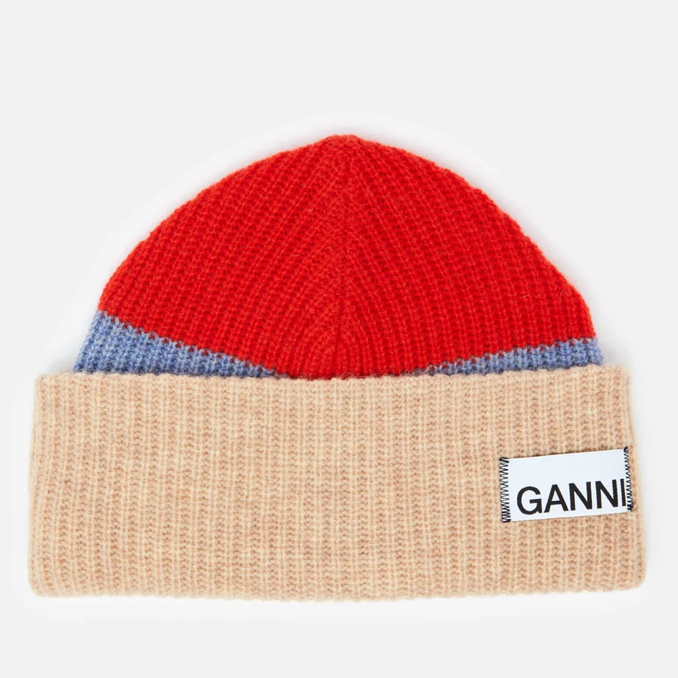 Ganni Women's Knitted Colour Block Beanie - Fiery Red Image 1