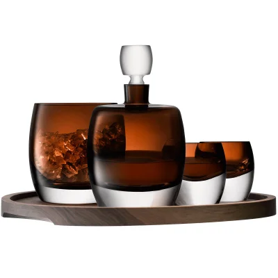 LSA Whisky Club Peat Brown Connoisseur Set and Walnut Cork Serving Tray