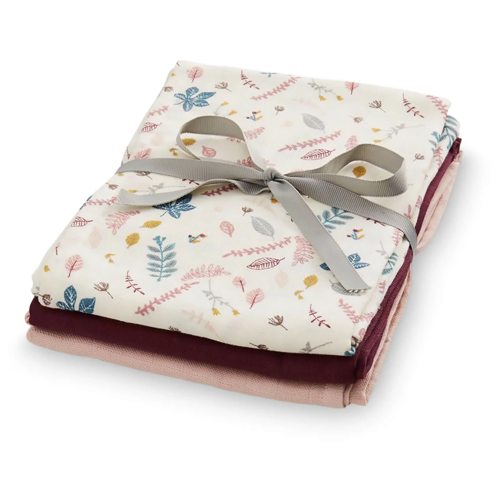 Cam Cam Muslin Cloth - Pressed Leaves Rose, Bordeaux, Blossom Pink (Pack of 3) Image 1