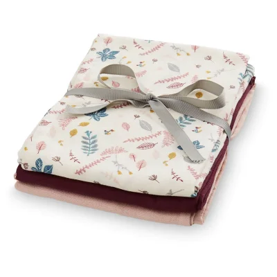 Cam Cam Muslin Cloth - Pressed Leaves Rose, Bordeaux, Blossom Pink (Pack of 3)