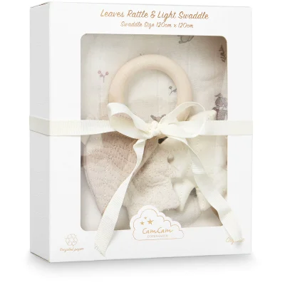 Cam Cam Swaddle and Leaves Rattle Gift Box - Fawn