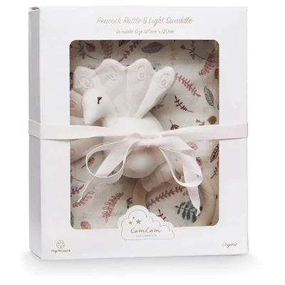 Cam Cam Swaddle and Peacock Rattle Gift Box - Pressed Leaves Rose