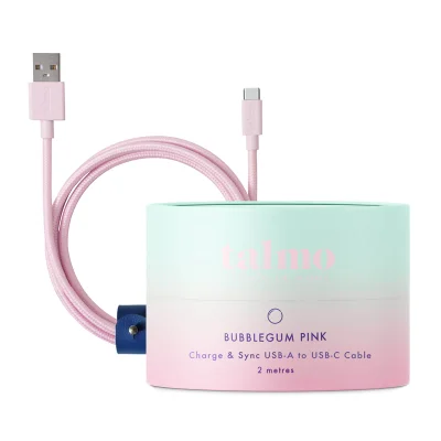 Talmo Charge and Sync 2m USB-C to USB-A Cable - Bubblegum Pink