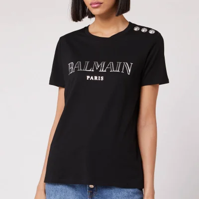 Balmain Women's Short Sleeve 3 Button Metallic Vintage Logo T-Shirt - Black/ Silver