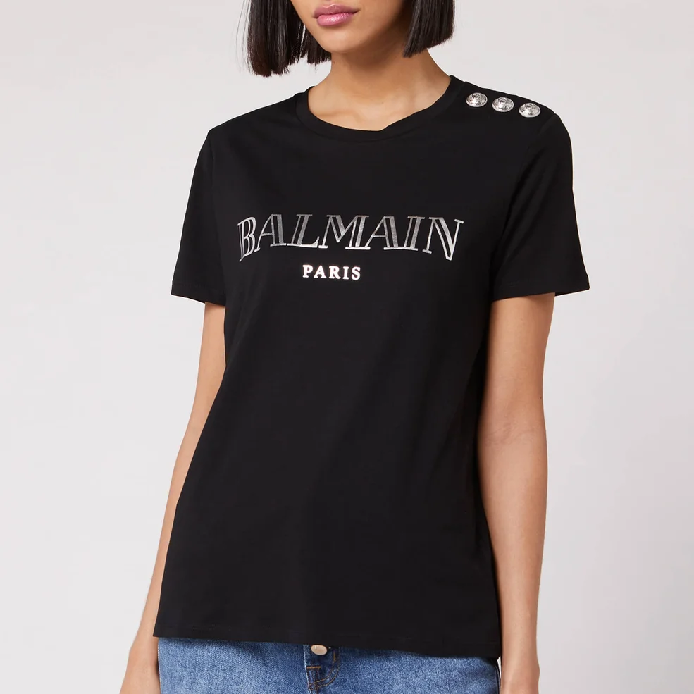 Balmain Women's Short Sleeve 3 Button Metallic Vintage Logo T-Shirt - Black/ Silver Image 1
