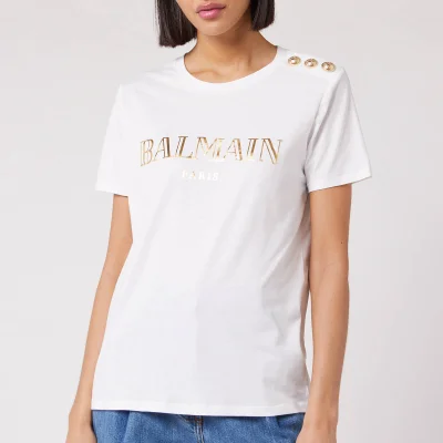 Balmain Women's Short Sleeve 3 Button Metallic Vintage Logo T-Shirt - White/ Gold