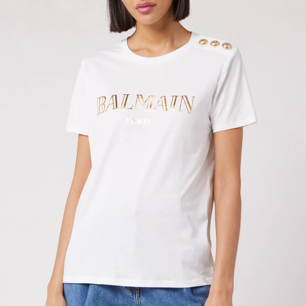 Balmain Women's Short Sleeve 3 Button Metallic Vintage Logo T-Shirt - White/ Gold Image 1