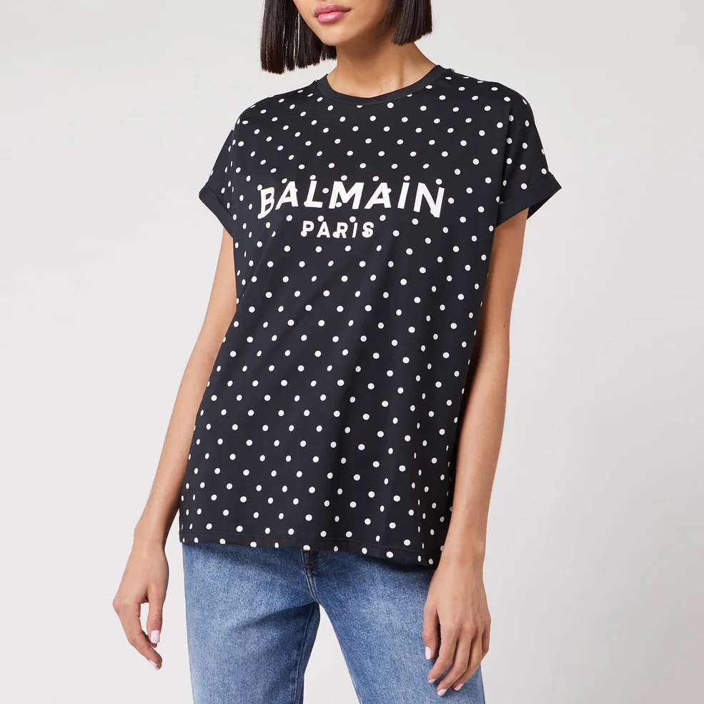 Balmain Women's Short Sleeve Polka-Dot Logo T-Shirt - Black/White Image 1