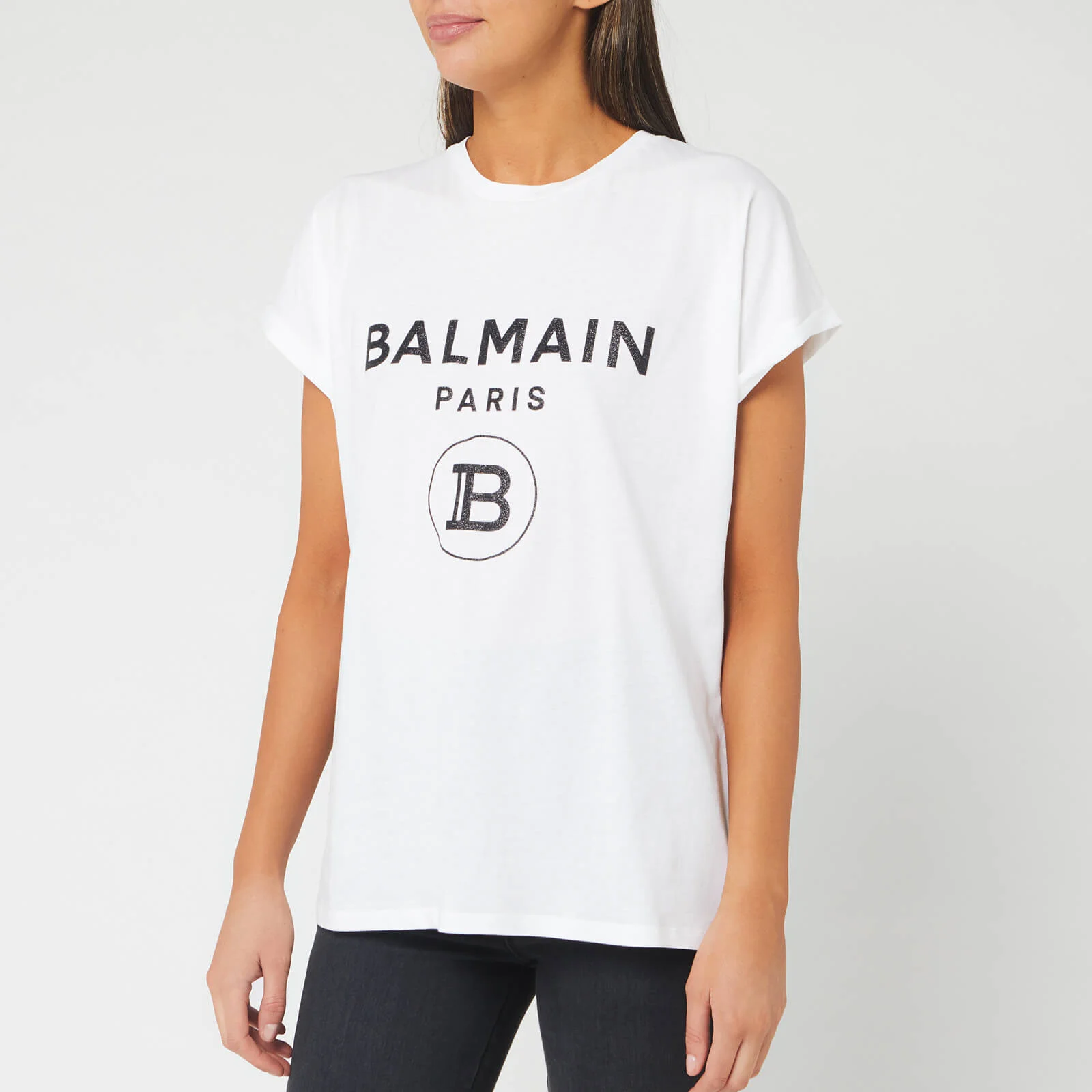 Balmain Women's Short Sleeve Glitter Logo T-Shirt - White Image 1