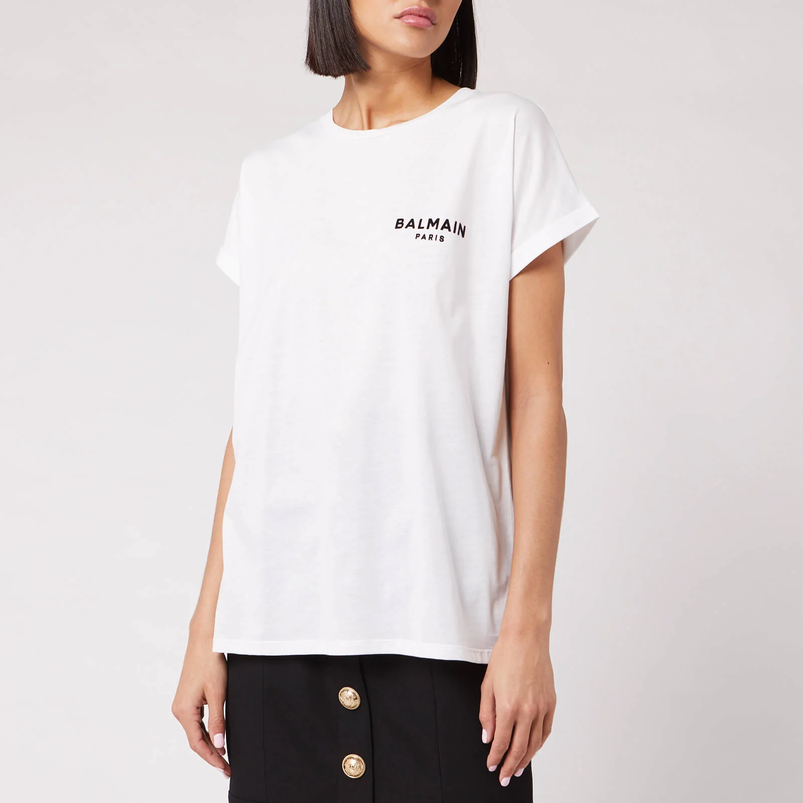 Balmain Women's Short Sleeve Flocked Logo Detail T-Shirt - White Image 1