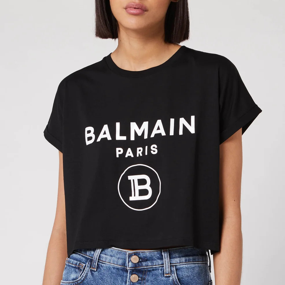Balmain Women's Cropped Short Sleeve Logo T-Shirt - Black Image 1