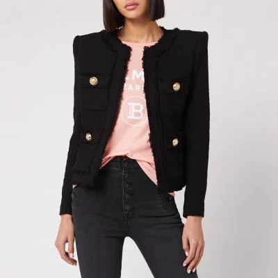 Balmain Women's Collarless 4 Pocket Tweed Jacket - Black