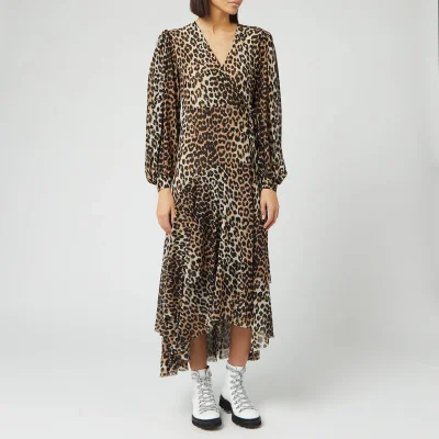 Ganni Women's Printed Mesh Wrap Dress - Leopard