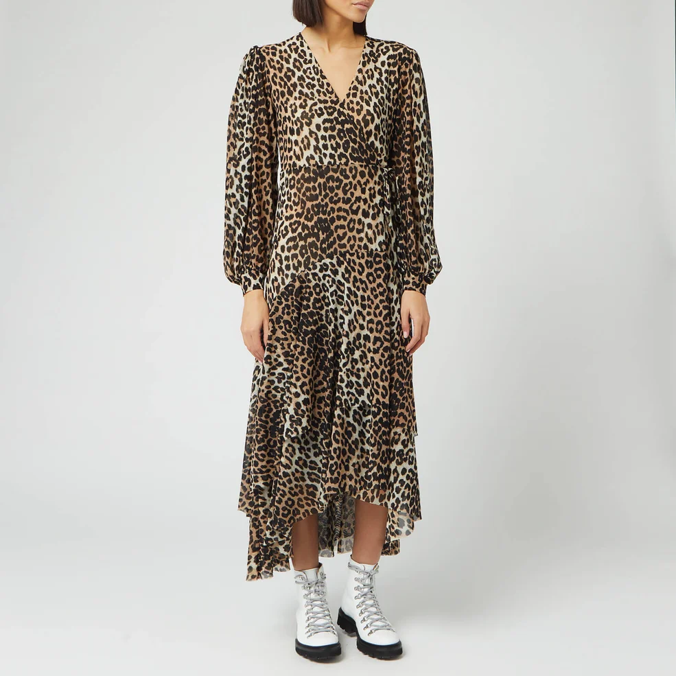 Ganni Women's Printed Mesh Wrap Dress - Leopard Image 1