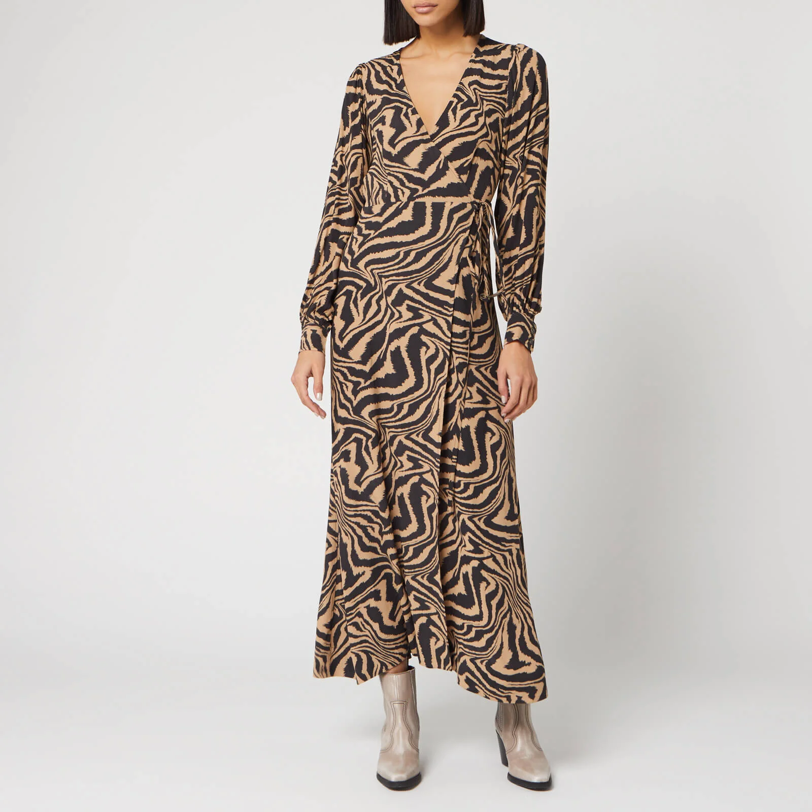 Ganni Women's Printed Crepe Zebra Wrap Dress - Tannin Image 1