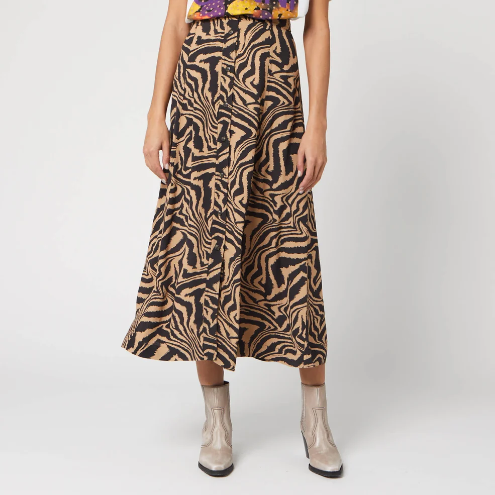 Ganni Women's Printed Crepe Zebra Midi Skirt - Tannin Image 1