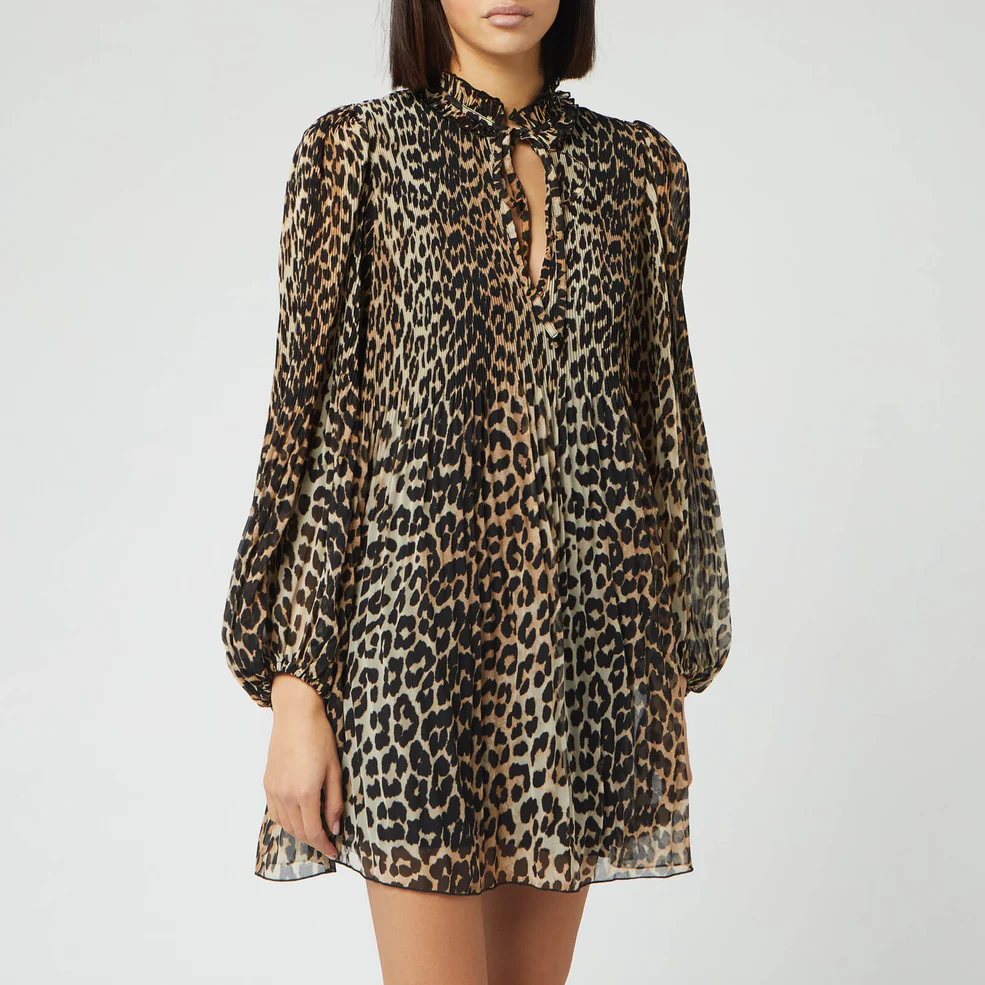 Ganni Women's Pleated Georgette Mini Dress - Leopard Image 1
