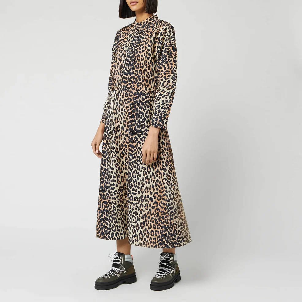 Ganni Women's Printed Cotton Poplin Midi Dress - Leopard Image 1