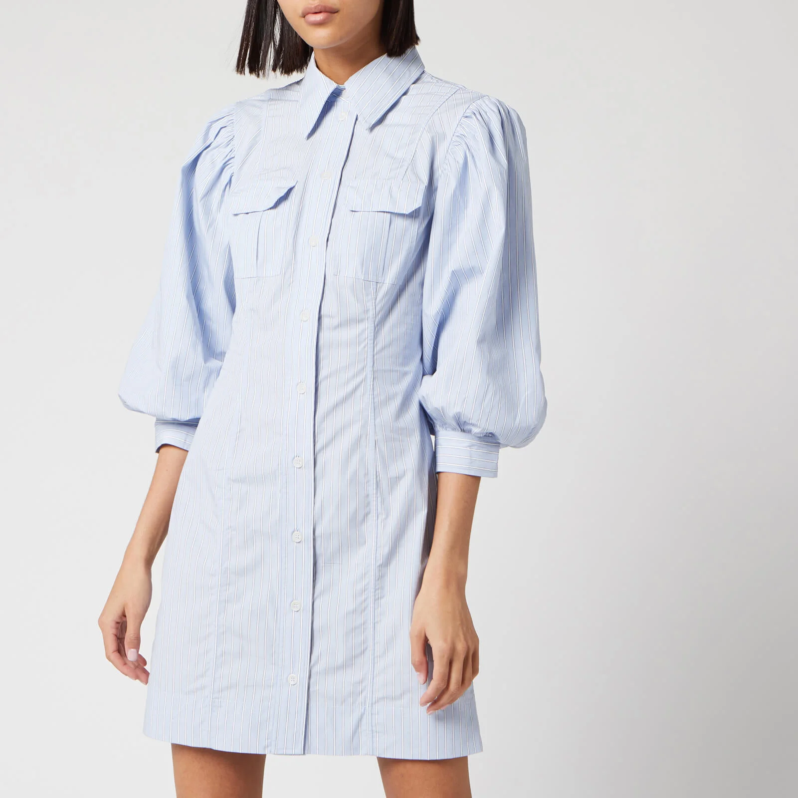 Ganni Women's Stripe Cotton Mini Shirt Dress - Brunnera Blue Image 1