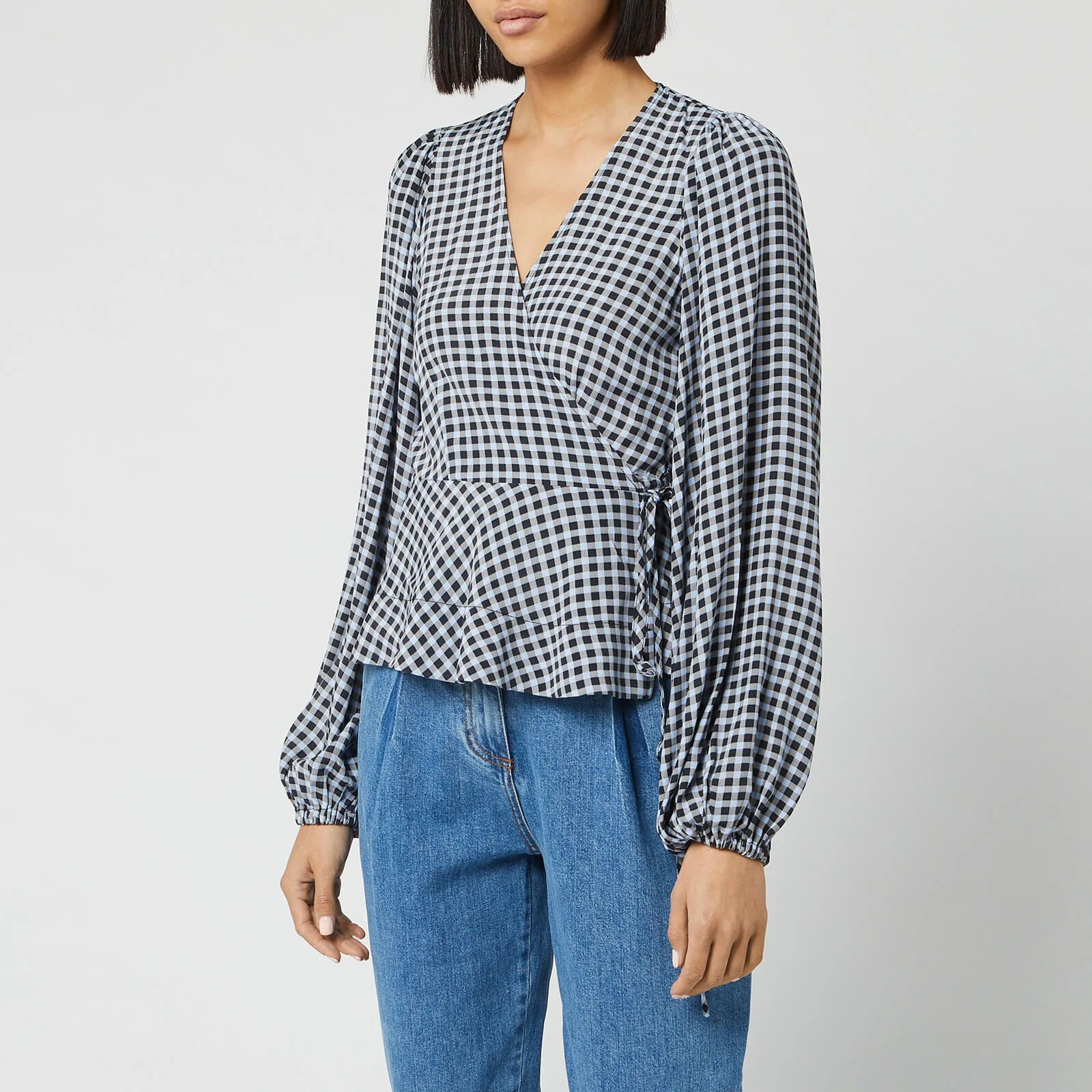 Ganni Women's Checked Printed Crepe Wrap Blouse - Brunnera Blue Image 1