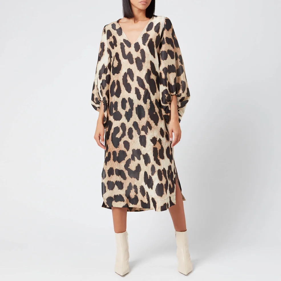 Ganni Women's Silk Linen Midi Dress - Maxi Leopard Image 1