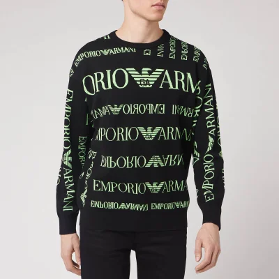 Emporio Armani Men's Neon All Over Logo Knitted Jumper - Black/Neon Green